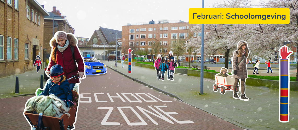 Weg voor een school met markering schoolzone en gekleurde palen. Er lopen kinderen en een ouder met een bolderkar op de stoep. Een blauwe auto parkeert.; Er rijdt een moeder met een kind in de bakfiets.